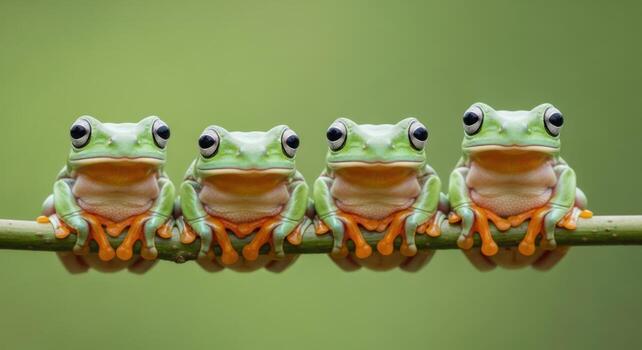 Four cute green tree frogs sitting in a row on a branch photo