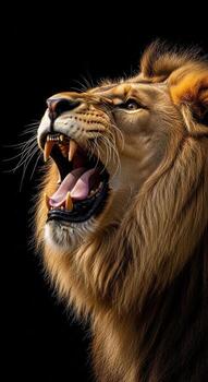 Closeup profile of a lion roaring with mouth open photo