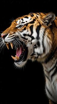 Closeup portrait of a tiger roaring with bared teeth photo