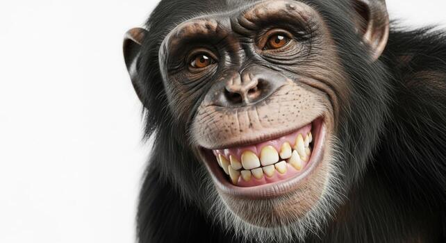 Chimpanzee smiling isolated on white background photo