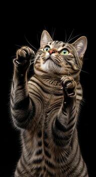 Tabby cat reaching up with paws against black background photo