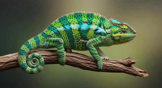 Chameleon with vibrant green and blue patterns on a tree branch photo
