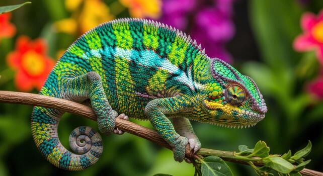 A colorful chameleon perched on a tree branch with flowers photo