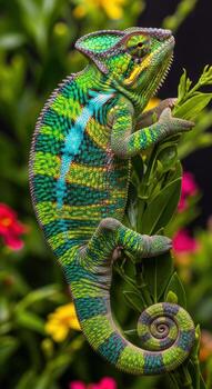 camaleón mostrando sus vistoso piel mientras alpinismo un planta foto