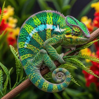 A colorful chameleon resting on a tree branch amidst foliage photo