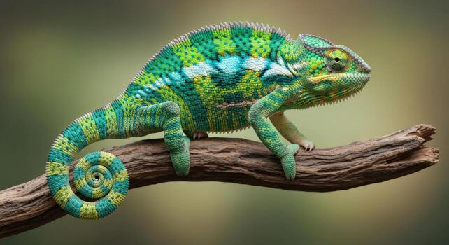 A vibrant chameleon perched on a tree branch with a coiled tail photo
