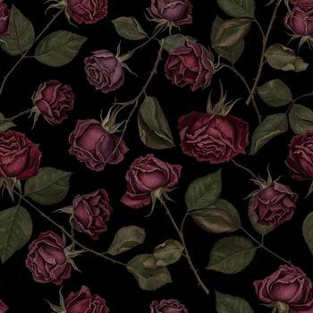 Dark red roses with green leaves on black background seamless floral pattern seamless pattern photo
