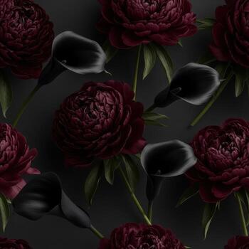Dark Red Peonies and Black Calla Lilies Seamless Floral Pattern seamless pattern background photo