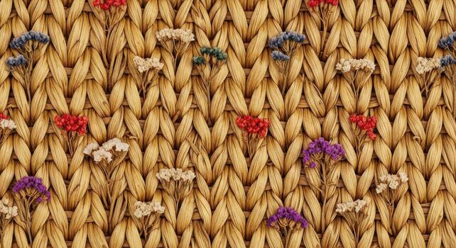 Dried Flowers on Woven Straw Texture Background Seamless Pattern woven texture natural fibers photo