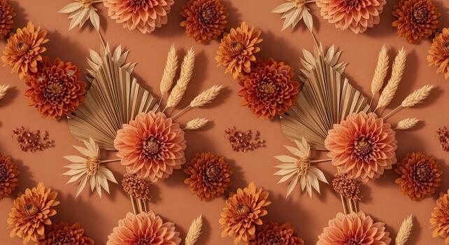 Terracotta background with repeating pattern of orange and peach dahlias and dried palm leaves floral photo