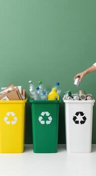Three colorful recycling bins filled with plastic bottles cans and paper with a hand adding a can trash photo