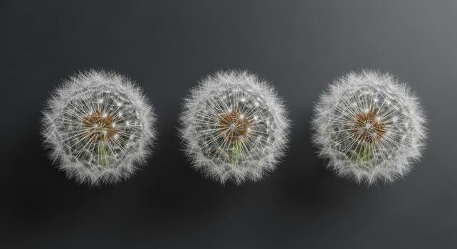 Tres mullido diente de león semilla cabezas arreglado en un fila en un oscuro antecedentes foto