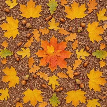 Autumn leaves and acorns arranged in a circular pattern on brown ground fall oak leaves photo