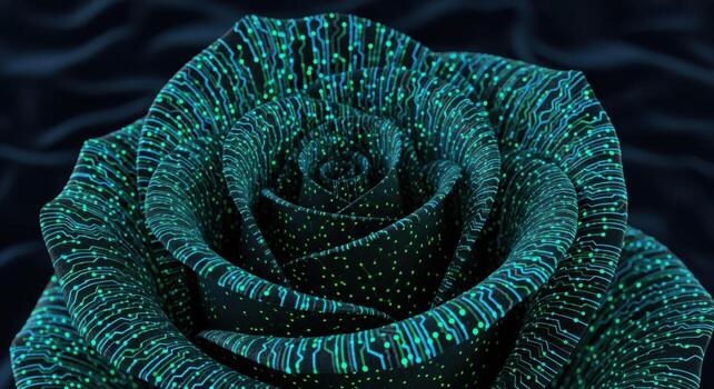 Close up of a dark rose with glowing blue and green circuit board patterns flower black 1 photo