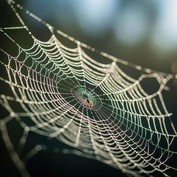 Dew Covered Spiderweb with Tiny Spider at Center morning dew photo