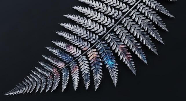 Silver fern frond with galaxy pattern on black background photo
