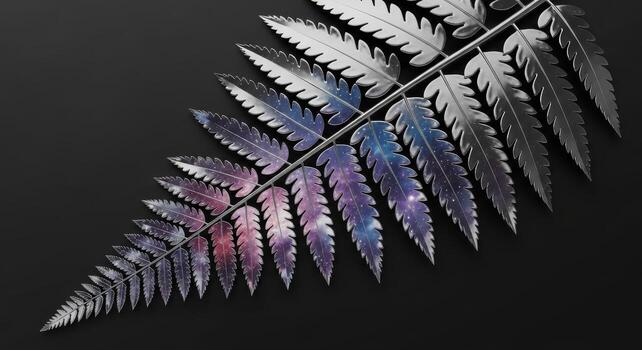 Metallic fern frond with galaxy pattern on black background leaf silver photo