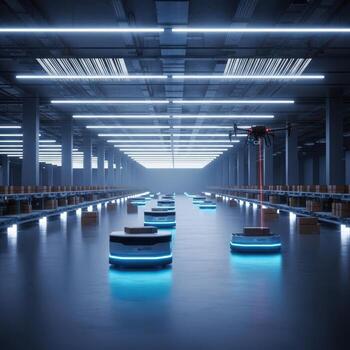 Warehouse drone scanning autonomous robots and boxes under bright neon lights agvs photo