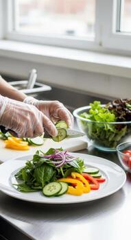 Hands in clear gloves slicing cucumber for fresh salad preparation food preparation fresh vegetables photo