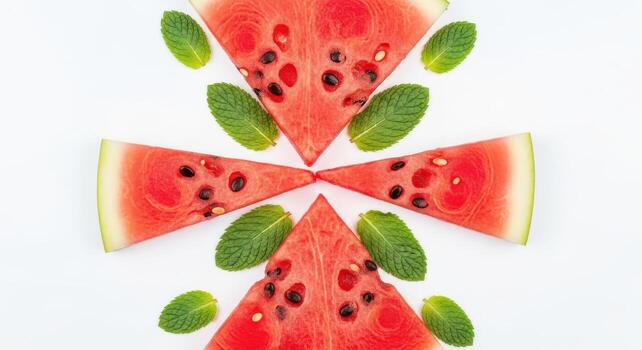 rebanado sandía triangulos y Fresco menta hojas arreglado en blanco antecedentes Fruta triangular foto