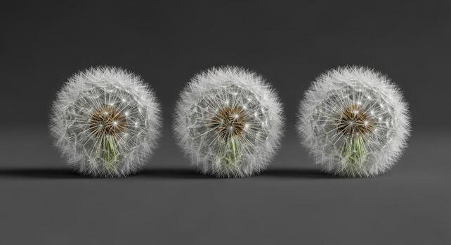 Tres mullido blanco diente de león semilla cabezas arreglado en un fila en un oscuro gris antecedentes naturaleza foto