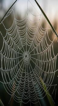 Dew Covered Spiderweb on Grass Blade Close Up spider silk photo