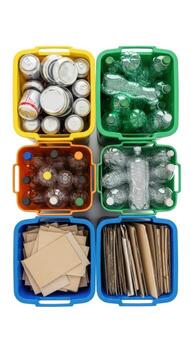 seis vistoso reciclaje contenedores lleno con ordenado residuos materiales clasificación aluminio latas foto