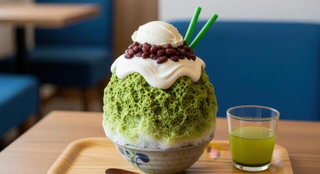 Green shaved ice dessert with red beans and ice cream photo