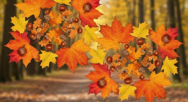 Autumn maple leaves and acorns arranged in a decorative pattern on a blurred forest path background fall photo