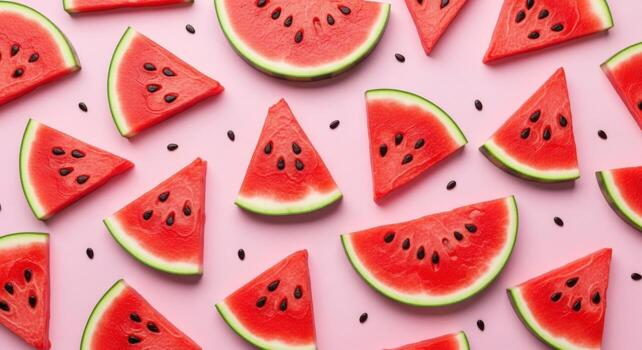 Sliced Watermelon Pieces and Seeds on Pink Background photo