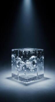 Glass Cube Podium with Frozen Key Inside Air Bubbles photo