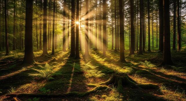 Sunbeams Illuminate Mossy Forest Floor Golden Light Through Trees photo