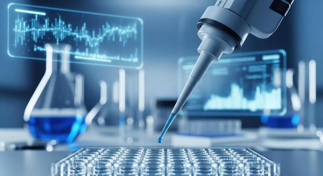 Automated Pipette Dispensing Blue Liquid into Laboratory Plate with Data Displays science research photo