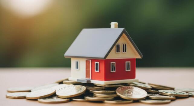 Miniature red and white house model resting on a pile of gold coins home building photo