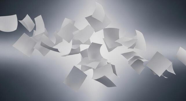 White Paper Sheets Floating in a Gradient Gray Background flying photo