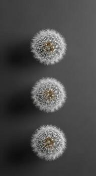 Tres mullido blanco diente de león arreglado verticalmente en un oscuro gris antecedentes semilla cabeza foto