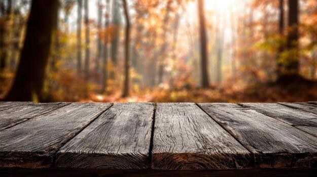 Rustic wooden surface presents a blurred autumn forest backdrop with sunlight shining through trees photo