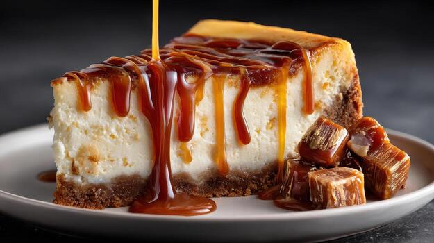 Delicious cheesecake slice with caramel topping and caramel cubes for dessert photo