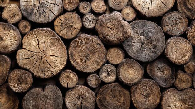 Stacked timber logs create a rustic texture and pattern for a natural wood background photo