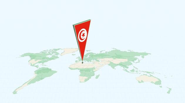 Highlighted Tunisia on Global Map with 3D Flag Location Pin of Tunisia. vector