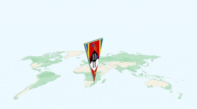 Highlighted Swaziland on Global Map with 3D Flag Location Pin of Swaziland. vector
