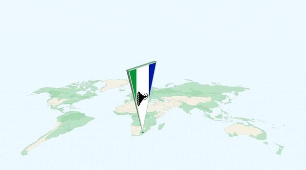 Highlighted Lesotho on Global Map with 3D Flag Location Pin of Lesotho. vector