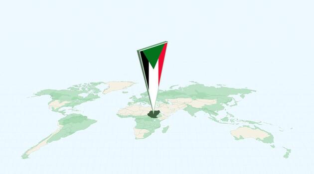 Highlighted Sudan on Global Map with 3D Flag Location Pin of Sudan. vector