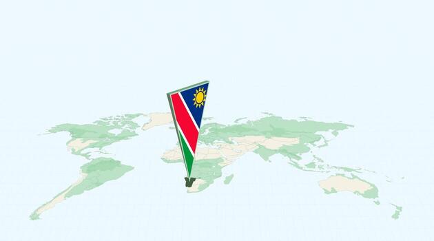 Highlighted Namibia on Global Map with 3D Flag Location Pin of Namibia. vector