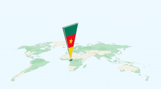 Highlighted Cameroon on Global Map with 3D Flag Location Pin of Cameroon. vector