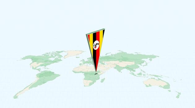 Highlighted Uganda on Global Map with 3D Flag Location Pin of Uganda. vector