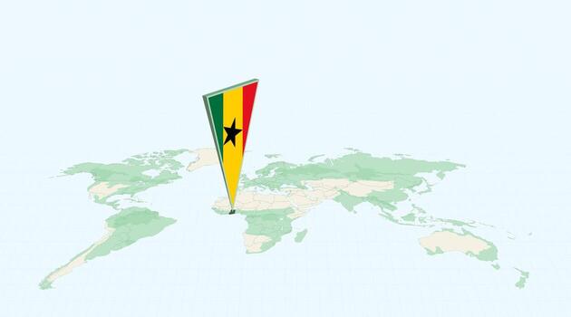Highlighted Ghana on Global Map with 3D Flag Location Pin of Ghana. vector