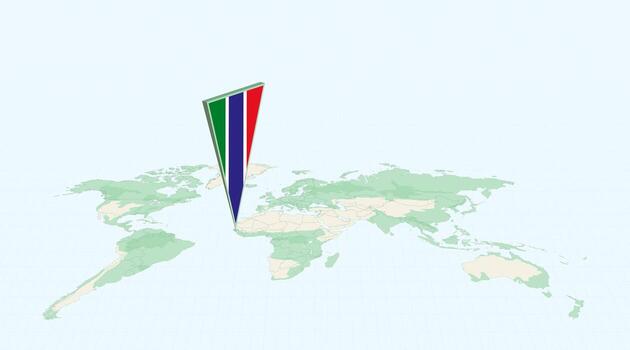 Highlighted Gambia on Global Map with 3D Flag Location Pin of Gambia. vector