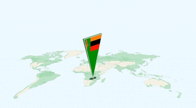 Highlighted Zambia on Global Map with 3D Flag Location Pin of Zambia. vector