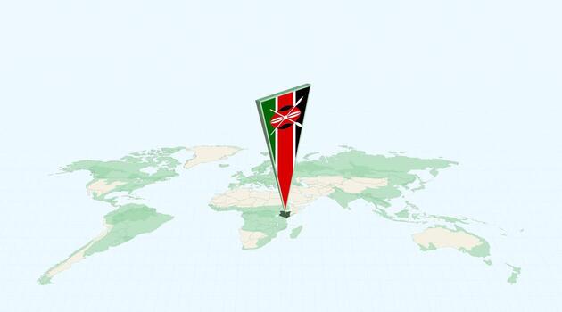 Highlighted Kenya on Global Map with 3D Flag Location Pin of Kenya. vector